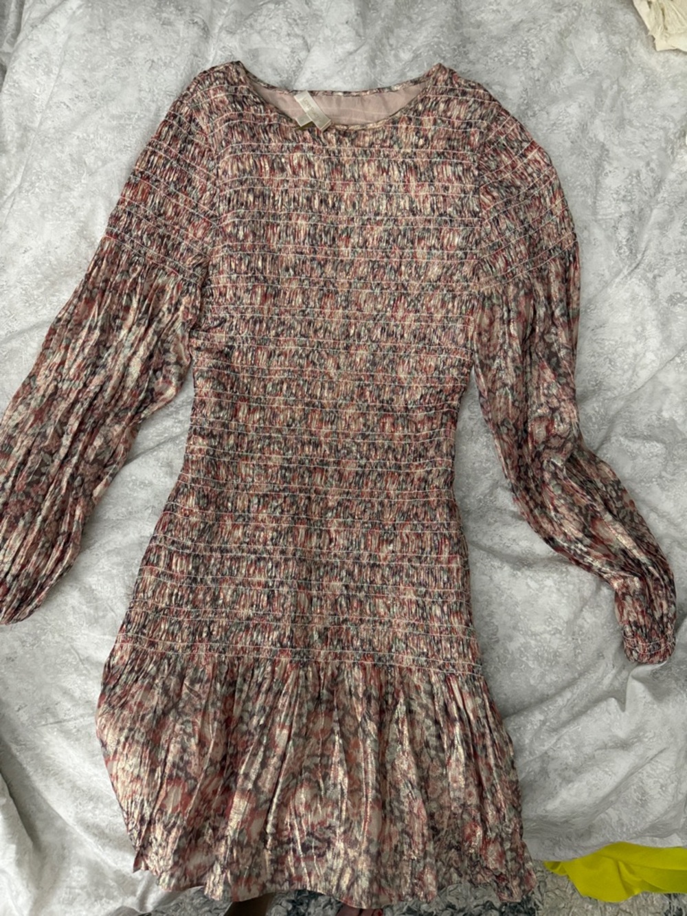 LoveShackFancy Pink and Cream Smocked Long-Sleeve Mini Dress
